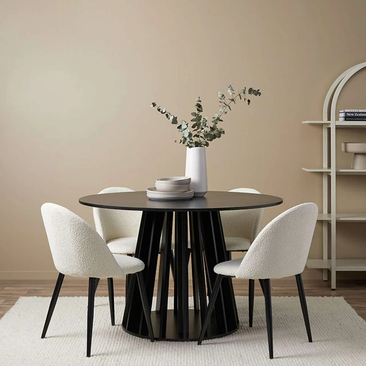 Rune Four Seater Slatted Round Dining Table - Black Mocka