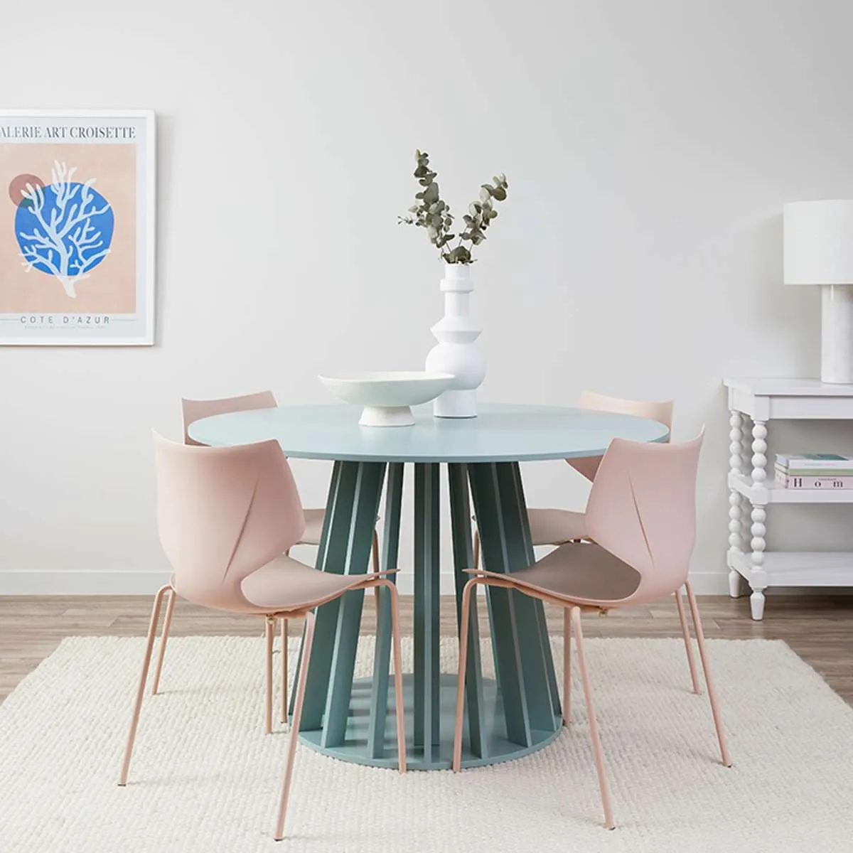 Rune Four Seater Slatted Round Dining Table - Sage Mocka